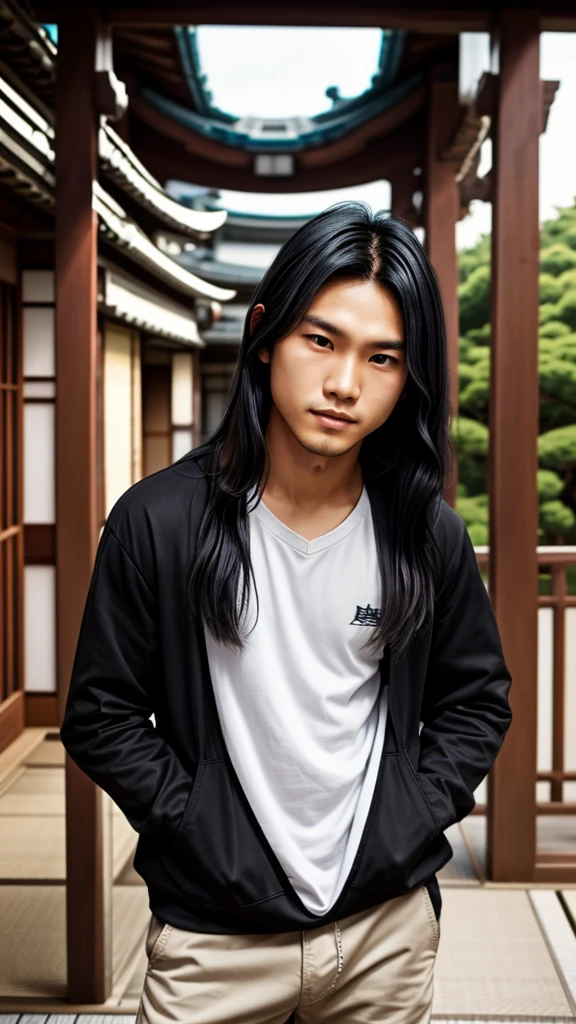 Dark-skinned Asian boy with long black hair with white highlights on the front, with light eyes and Japanese dysnatia clothes