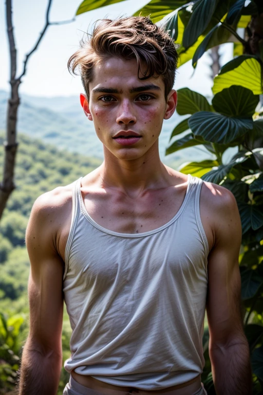 Portrait of a young military in the jungle, warman, warboy, 1boy, military pants, military vest, wearing a tank top, sportsman, slim, beautiful facial features, photography, ultra detailed, real, film grain, beautiful boy, beautiful facial features, symmetrical, film grain, male beauty, short hair, supreme, nature, artistic portrait, artistic pose, photography award, realistic, heroic}, white man