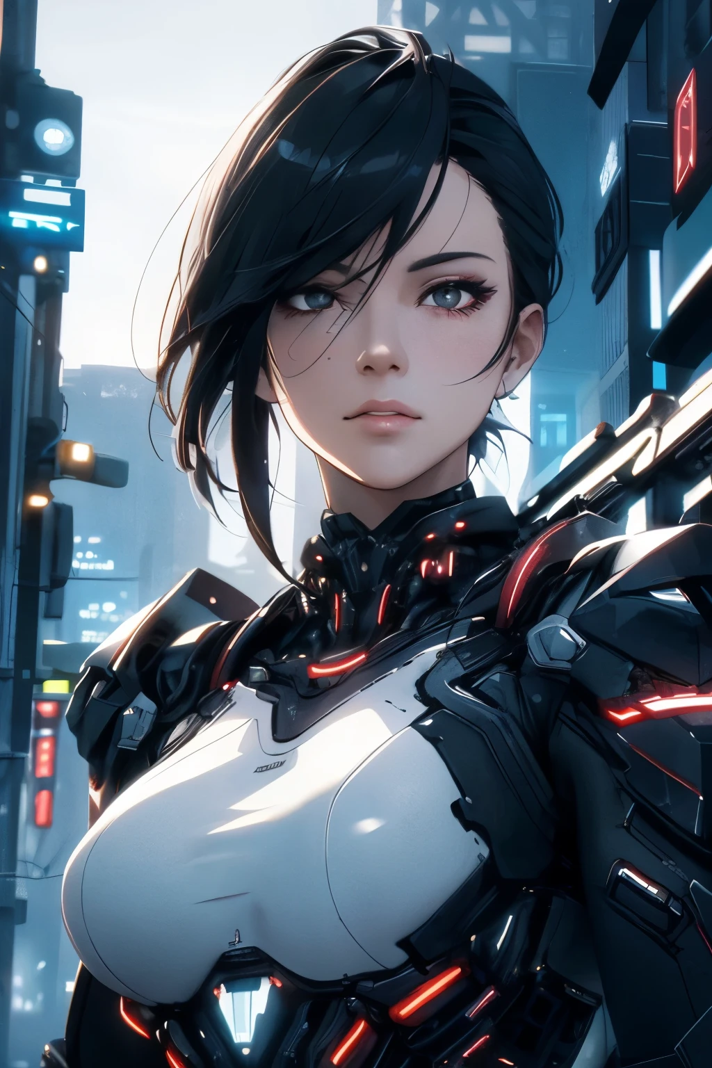 ((best quality)), ((Masterpiece)), (details:1.4), 3d, Image of a beautiful cyberpunk woman., HDR (high dynamic range), mature woman, Curtain Bangs, Black hair, white eyes, SWAT uniform, PBR surface, After processing, Anisotropic filtration,depth of field, Maximum clarity and clarity, multi-layered surface, perfect proportions, 8K raw files, cyberpunk, at night, ผมหลายชั้น, กระโปรงสั้น, natural lighting, soft lighting, sunlight, หน้าอกใหญ่,