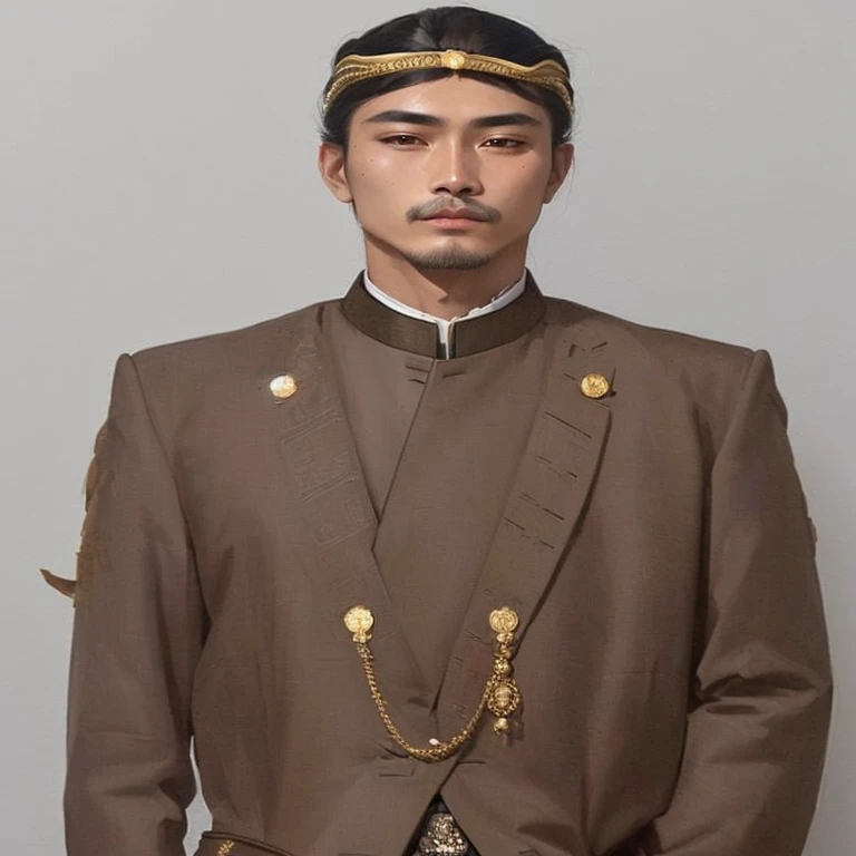 a close up of a man in a uniform standing with his hands in his pockets, inspired by Oka Yasutomo, royal attire akira, taken in the early 2020s, raden saleh, full uniform, delicate androgynous prince, using dead lion costume jacket, trending photo, wearing aristocrat robe, wearing military uniform, profile photo, brown jacket