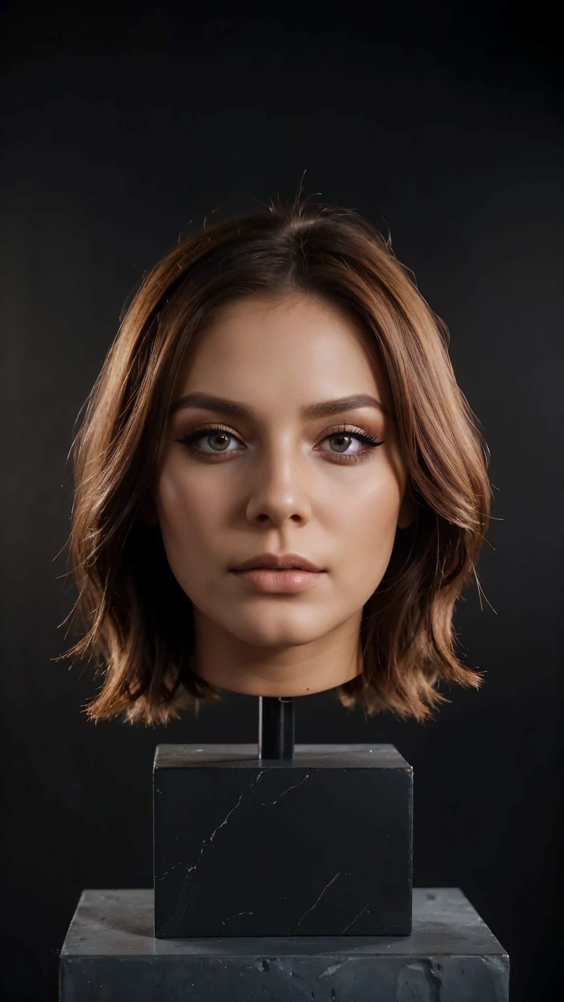 (disembodied Fenale head with full face of makeup), electronic support, chestnut hair, skin texture , Extremely Detailed, best qualityer, naturallight