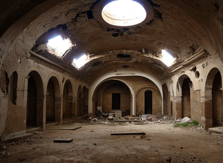 ((Destroyed)) Orthodox church interior ((Underground)), Round Hall, ((hole in the ceiling)), (Serious damage), round columns, light from above