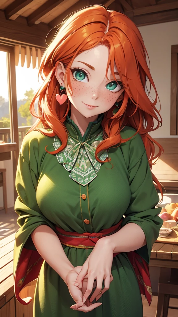 (masterpiece), (4k), )vivid colors), (evening light) 38 year old woman with ginger hair green eyes heart shaped face with freckles dressed as a hippie housewife