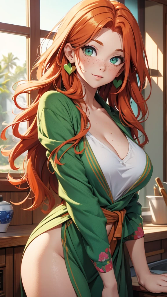 (masterpiece), (4k), )vivid colors), (evening light) 38 year old woman with ginger hair green eyes heart shaped face with freckles dressed as a hippie housewife