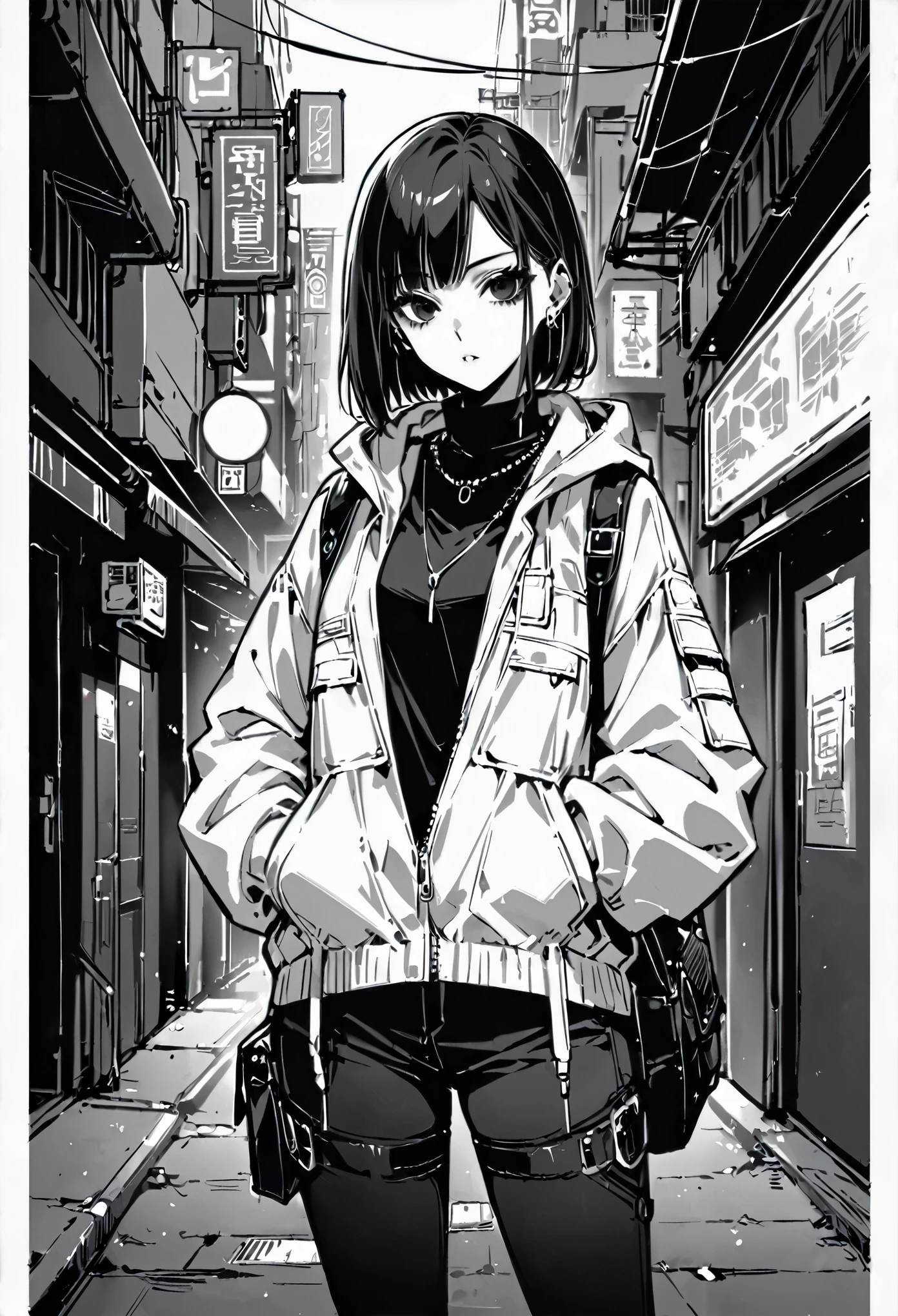 masterpiece, best quality, 1 girl, , hands in pockets, bag, black hair, black eyes, cyberpunk, street, monochrome, line art