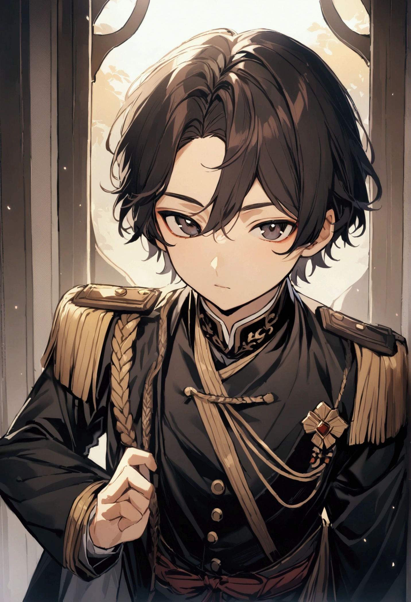 1boy, dark hair, side swept hair, short hair, military uniform, noble clothes, dark Eyes, shota, short stature,