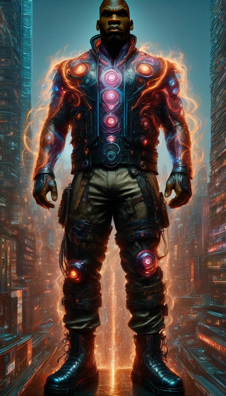 Create an ultra-detailed, hyper-realistic image of Mike Tyson as a cyberpunk cyborg standing in his famous fighting pose. Picture Tyson with a fierce, determined expression, his body enhanced with intricate robotic parts. He stands in front of towering futuristic skyscrapers, illuminated by neon lights that cast an otherworldly glow. The sky is filled with smoke and fiery embers, adding to the dramatic atmosphere. In his hands, Tyson grips a burning chain, the flames casting dynamic shadows and reflections on his metallic body. The image captures the intense heat and energy of the fire, with flames and smoke adding a sense of urgency and power. Aim for stunning realism in 4K or 8K resolution, focusing on the details of Tyson’s cyborg features, the futuristic cityscape, and the fiery elements.undefined, undefined, undefined, undefined,
