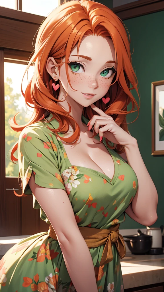 (masterpiece), (4k), )vivid colors), (evening light) 38 year old woman with ginger hair, green eyes, heart shaped face with freckles dressed as a housewife