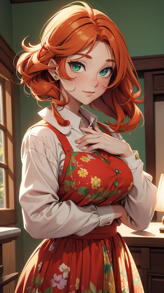 (masterpiece), (4k), )vivid colors), (evening light) 38 year old woman with ginger hair, green eyes, heart shaped face with freckles dressed as a housewife