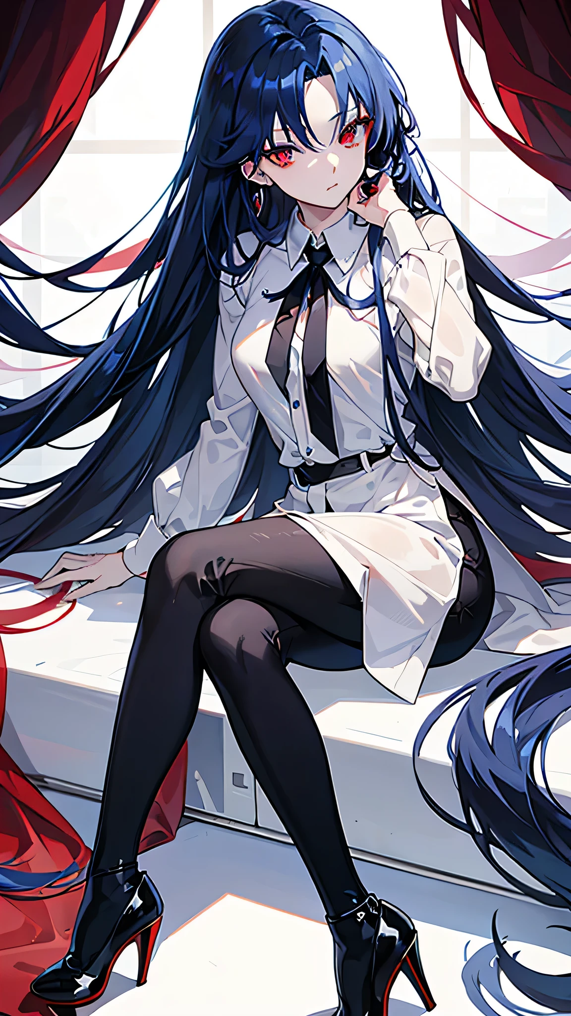 anime women with long blue hair, red eyes, curtain bangs, (detailed eyes), (focus on eyes details), (perfect eyes), white shirt, black tie, black trouser, black high heels, white plain background, close up view, potrait, sitting, beautiful 