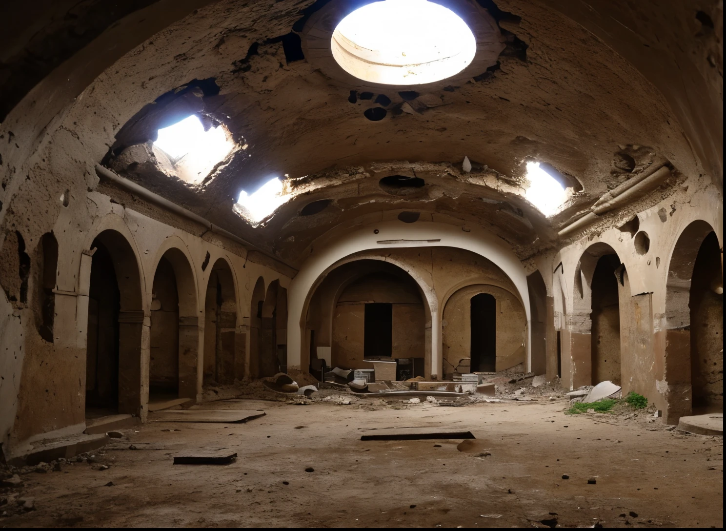 ((Destroyed)) Orthodox church interior ((Underground)), Round Hall, ((hole in the ceiling)), (Serious damage), round columns, light from above