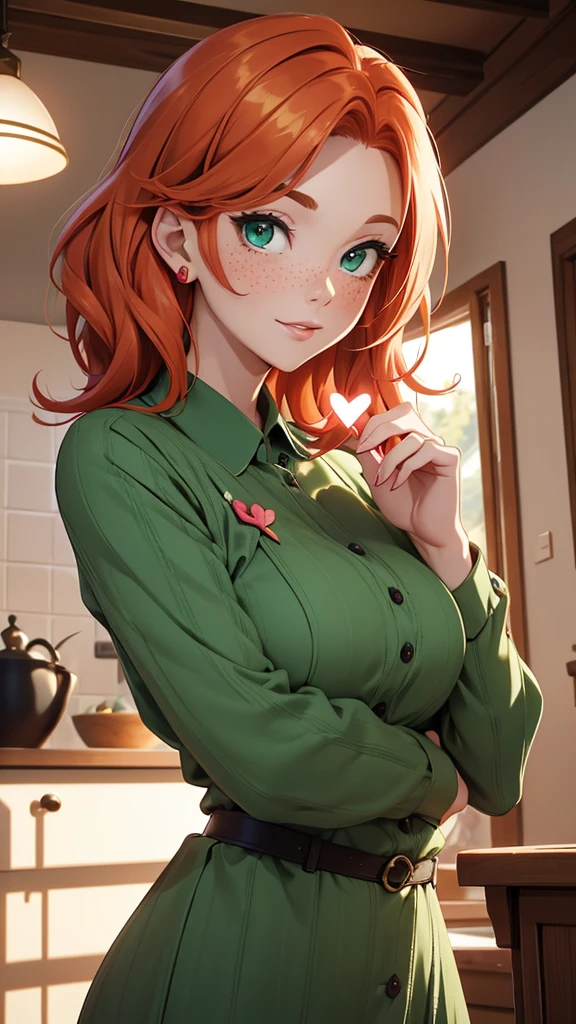 (masterpiece), (4k), )vivid colors), (evening light) 38 year old woman with ginger hair, green eyes, heart shaped face with freckles dressed as a housewife