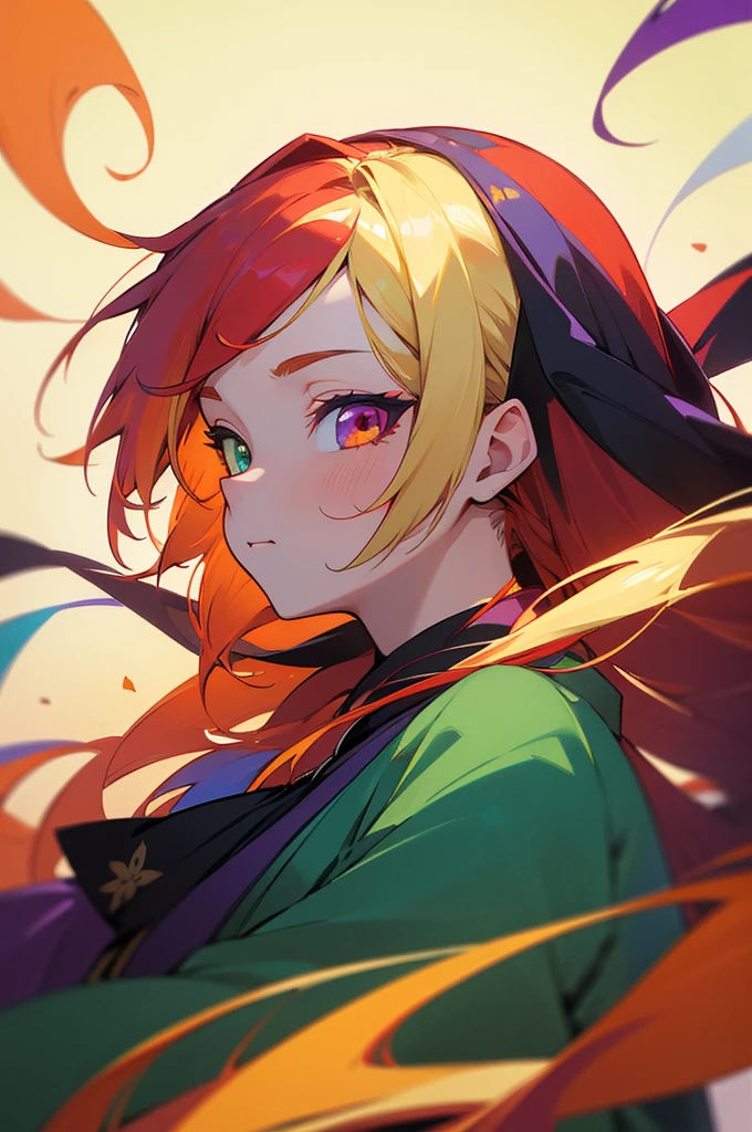 ((best quality)), ((masterpiece)), (detailed), perfect face, tradional kimono, multicolored hair, long hair, red hair, blonde hair, hair behind ear, multicolored eyes, heterochromia, gren eye and violet eye, anime, anime, anime style, En plein air, 8k, super detail