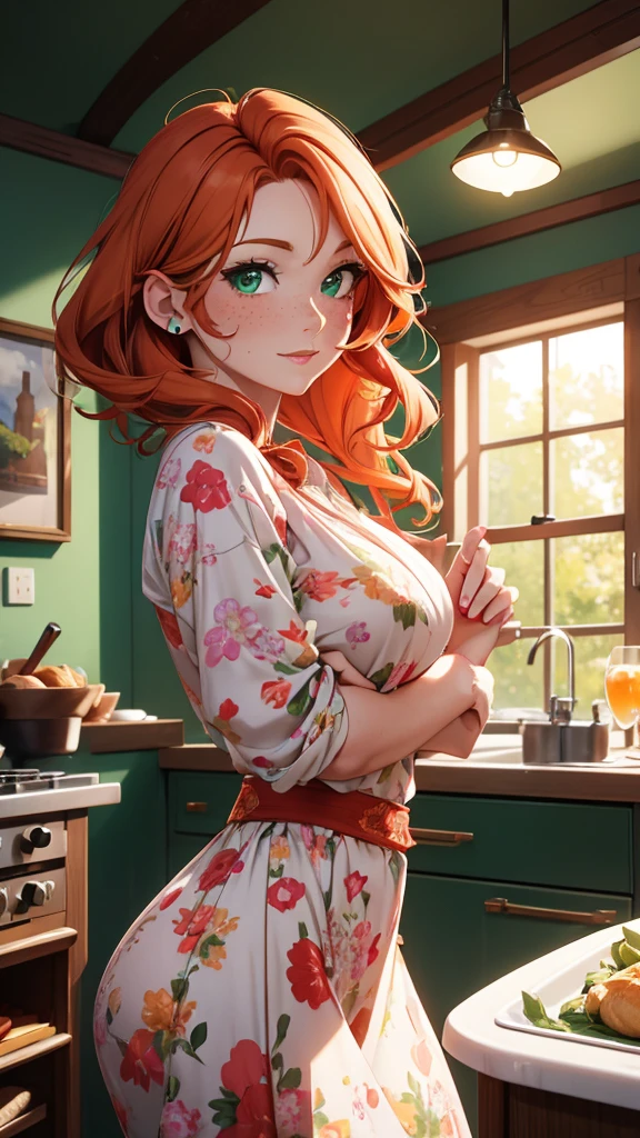 score_9, score_8_up, score_7_up, rating_explicit, detailed soft lighting, 1girl, Kim Possible orange-red hair, (naked apron:1.2), cleavage, hair between eyes, sidelocks, looking at viewer, kitchen, intricate details, cinematic lighting, (blush, smile:1.1), beautiful eyes, open eyes, (masterpiece, best quality, highly detailed, beautiful, realistic), perfect anatomy, anatomically correct.