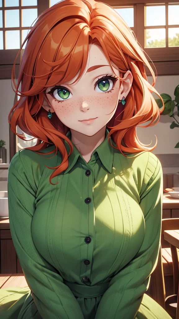 (masterpiece), (4k), )vivid colors), (evening light) 38 year old woman with ginger hair, green eyes, heart shaped face with freckles dressed as a housewife