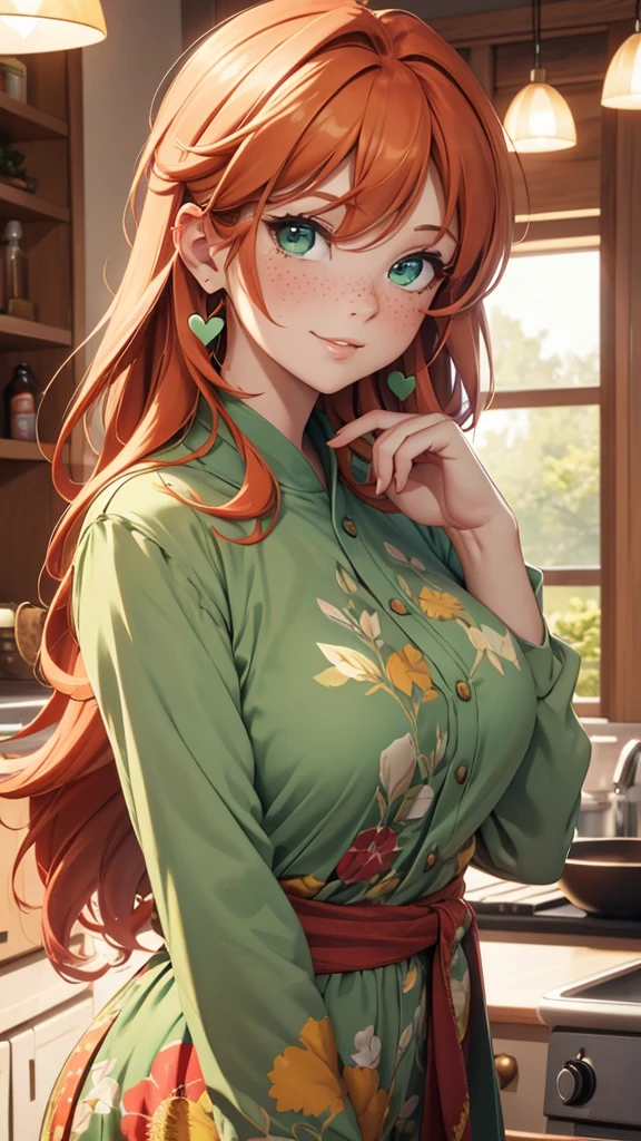 (masterpiece), (4k), )vivid colors), (evening light) 38 year old woman with ginger hair, green eyes, heart shaped face with freckles dressed as a housewife