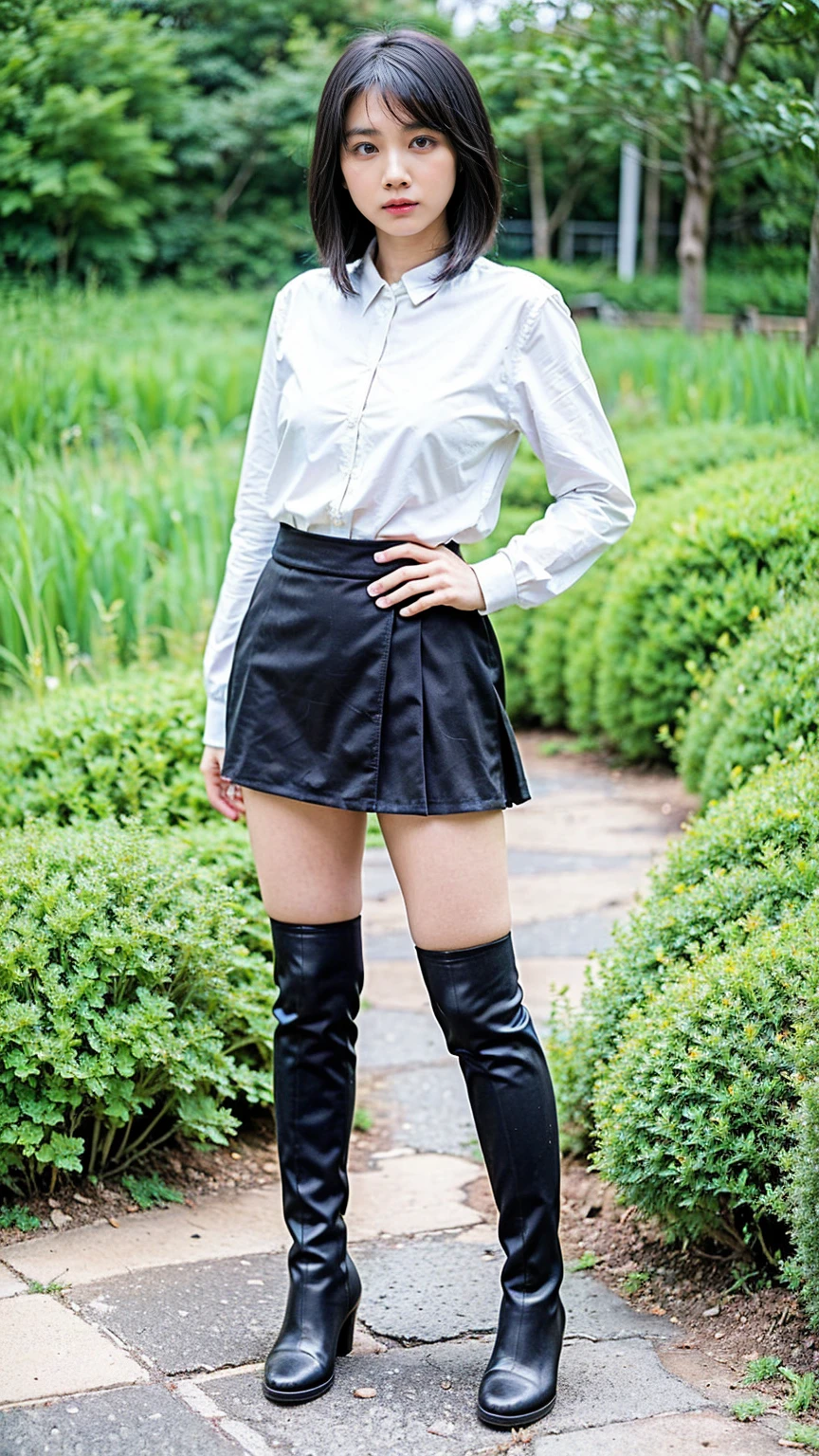 (8k、RAW Photos、Highest quality、masterpiece:1.2)、(Realistic、Realistic)、1 Girl、((black and white mini skirt、garden、Exposed Skin、whole body、boots、View from the front、Looking at the camera、Stand with hands on hips))、cute