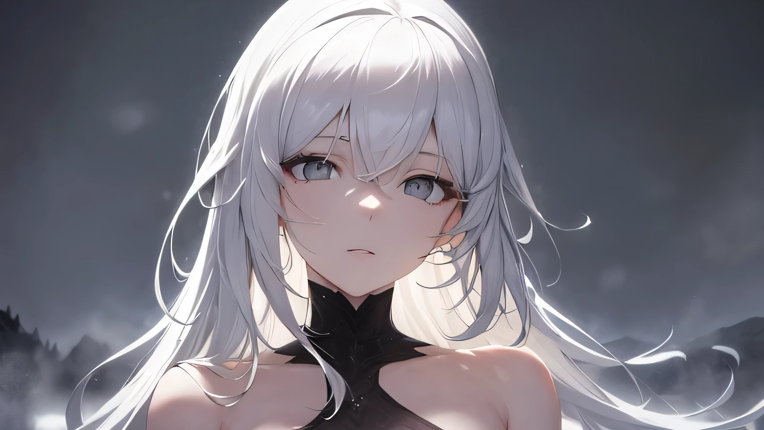 ((best quality)), ((masterpiece)), (masterpiece), best quality, expressive eyes, perfect face,high res, ultrasharp, 8K, masterpiece,(detailed), elegant woman,white long hair,cold,one shoulder off black dress,skirt,grey eyes,in the snow