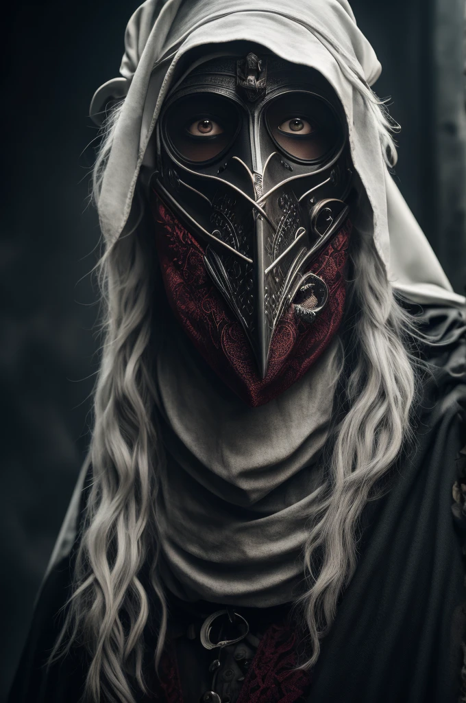 a white plague doctor mask, dark fantasy, gothic, ww1, ww2, portrait, white hair, red eyes, extremely detailed, 8k, photorealistic, cinematic lighting, dramatic shadows, moody atmosphere, intricate textures, elegant composition, masterpiece