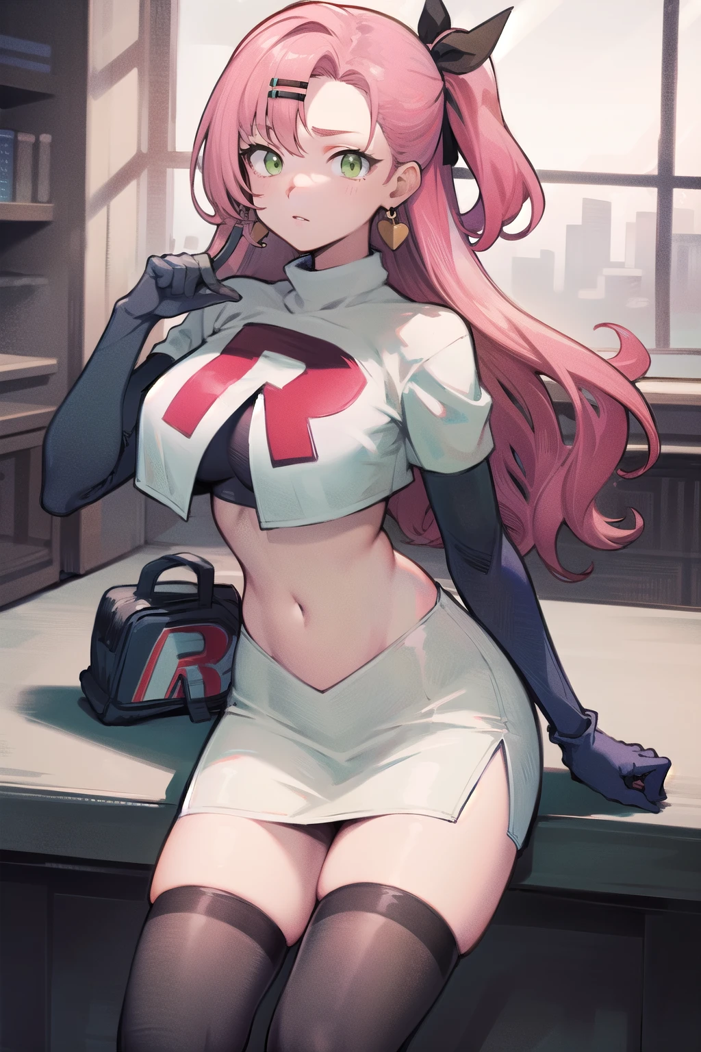masterpiece, best quality, ultra-detailed, extremely detailed,illustration, 1girl, nicole demara,green eyes, hair ribbon, hairclip, earrings, doll, cowboy shot, team rocket,team rocket uniform,white skirt,red letter R,crop top,black thigh-highs,black elbow gloves