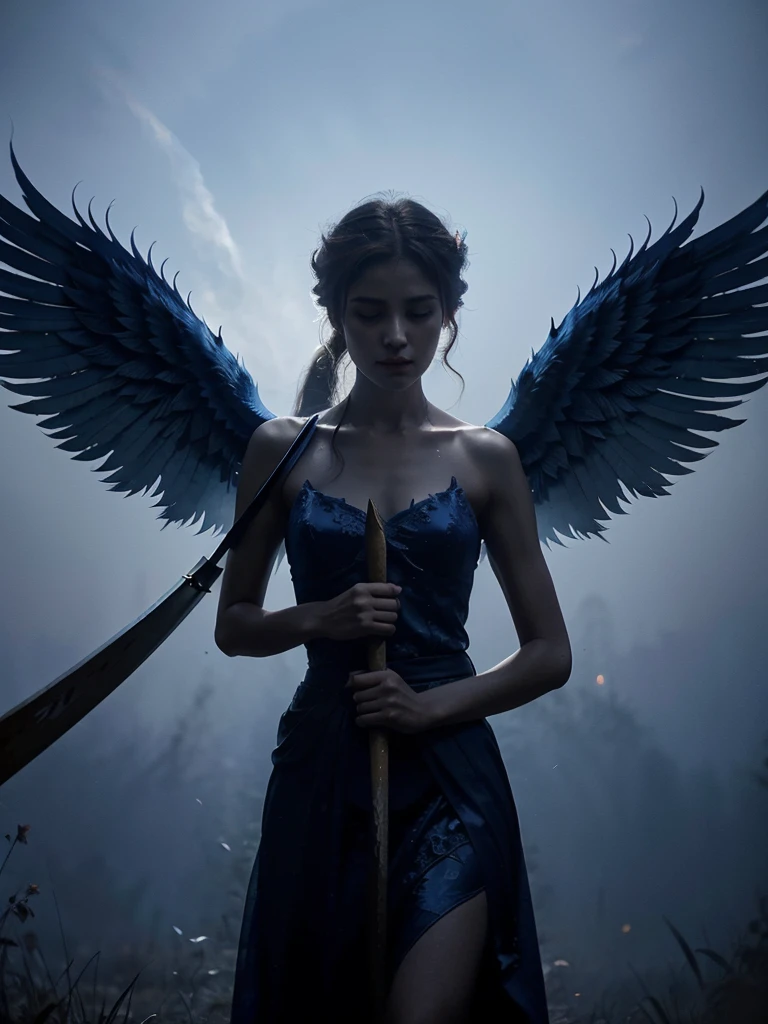 lion has a body of blue flames, its entire body has an aura of mist, it has angel wings, behind it there is a silhouette of a person carrying a scythe, made in the style of painting, digital drawing,