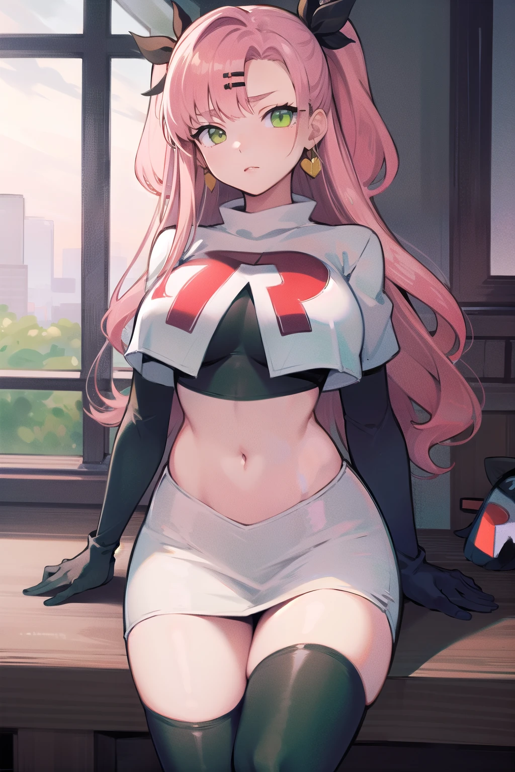 masterpiece, best quality, ultra-detailed, extremely detailed,illustration, 1girl, nicole demara,green eyes, hair ribbon, hairclip, earrings, doll, cowboy shot, team rocket,team rocket uniform,white skirt,red letter R,crop top,black thigh-highs,black elbow gloves