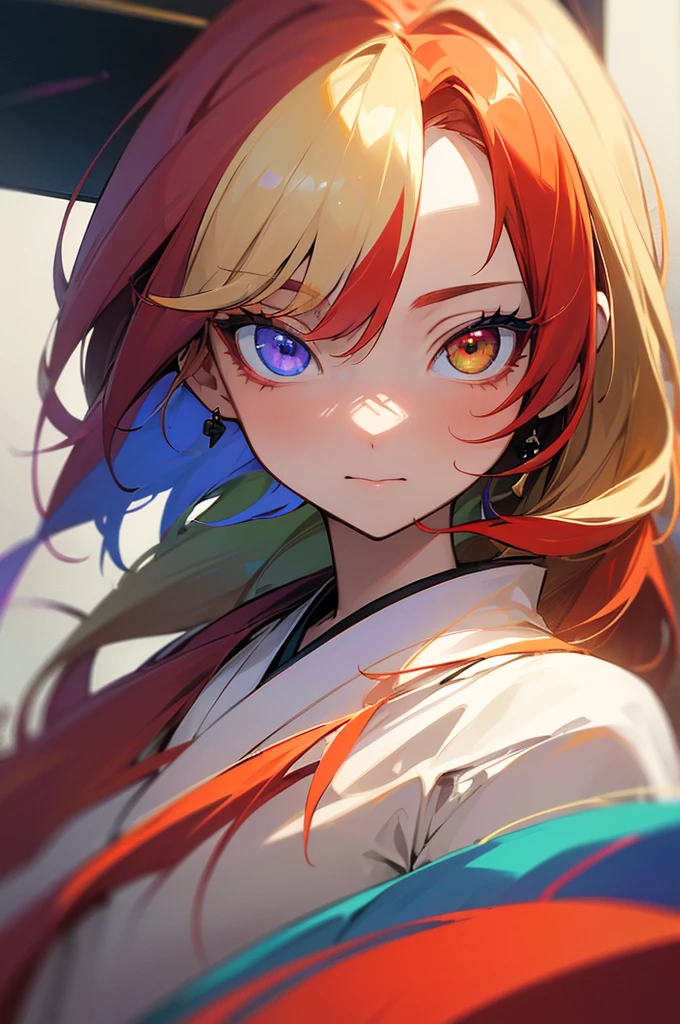 ((best quality)), ((masterpiece)), (detailed), perfect face, tradional kimono, multicolored hair, long hair, red hair and blonde hair, hair behind ear, multicolored eyes, heterochromia, gren eye and violet eye, anime, anime, anime style, 8k, super detail