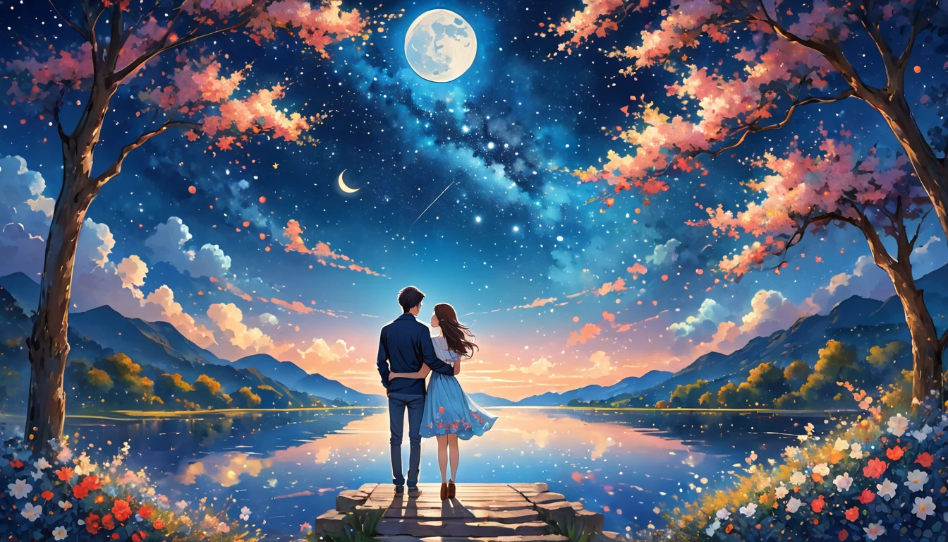 A pair of lovers looks from behind looking at the beautiful night sky decorated with stars and moon with a cool and romantic feel