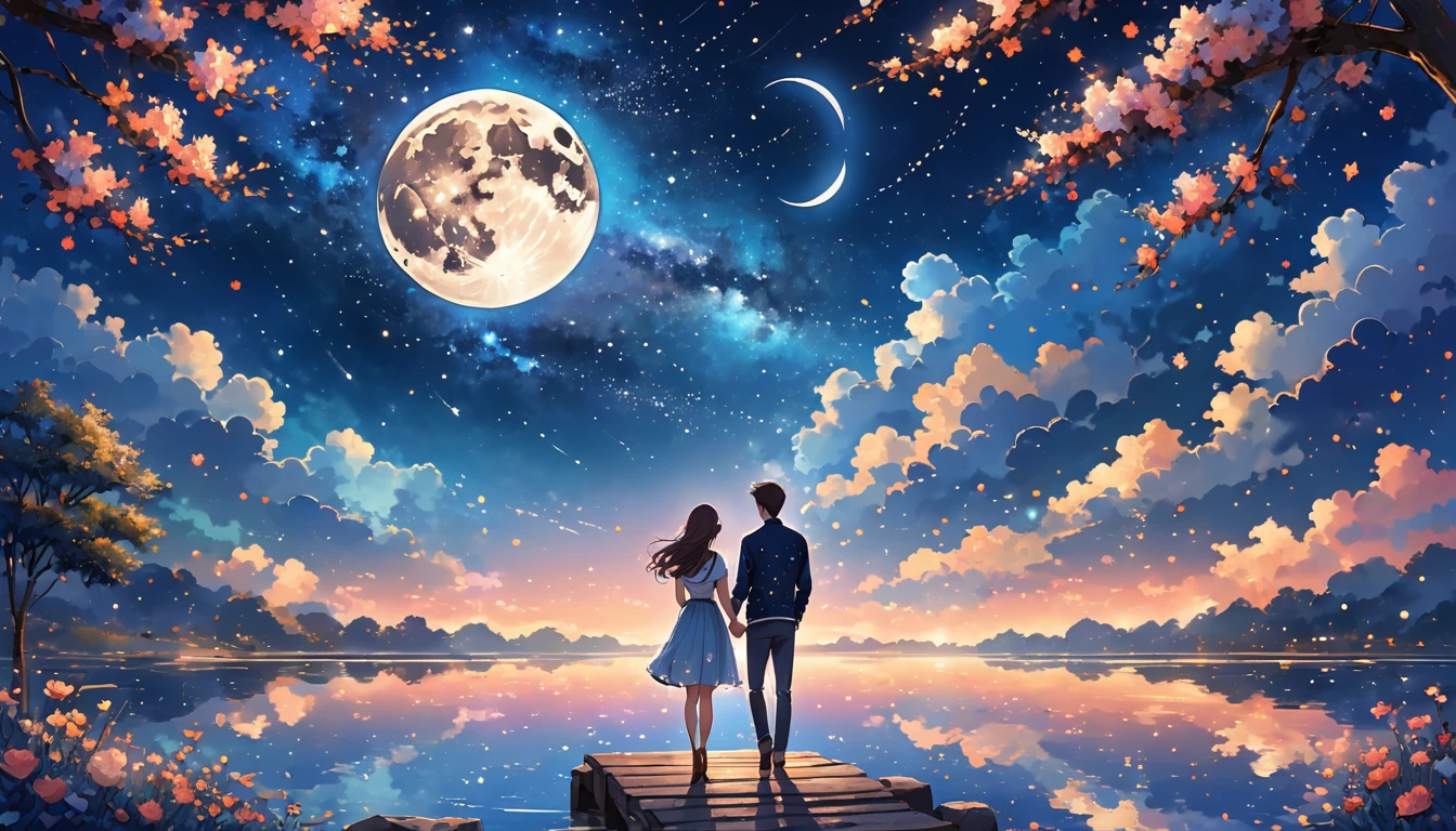 A pair of lovers looks from behind looking at the beautiful night sky decorated with stars and moon with a cool and romantic feel