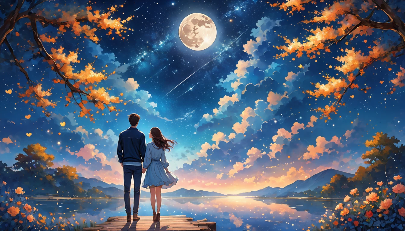 A pair of lovers looks from behind looking at the beautiful night sky decorated with stars and moon with a cool and romantic feel