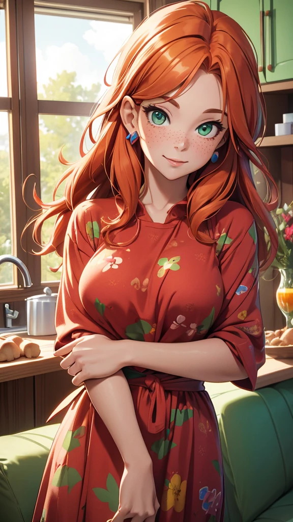 (masterpiece), (4k), )vivid colors), (evening light) 38 year old woman with ginger hair, green eyes, heart shaped face with freckles dressed as an American hippie housewife