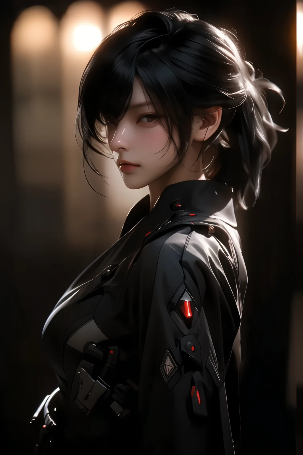 ((best quality)), ((Masterpiece)), (details:1.4), 3d, Image of a beautiful cyberpunk woman., HDR (high dynamic range), mature woman, Curtain Bangs, Black hair, white eyes, SWAT uniform, PBR surface, After processing, Anisotropic filtration,depth of field, Maximum clarity and clarity, multi-layered surface, perfect proportions, 8K raw files, cyberpunk, at night, ผมหลายชั้น, กระโปรงสั้น, natural lighting, soft lighting, sunlight, หน้าอกใหญ่,