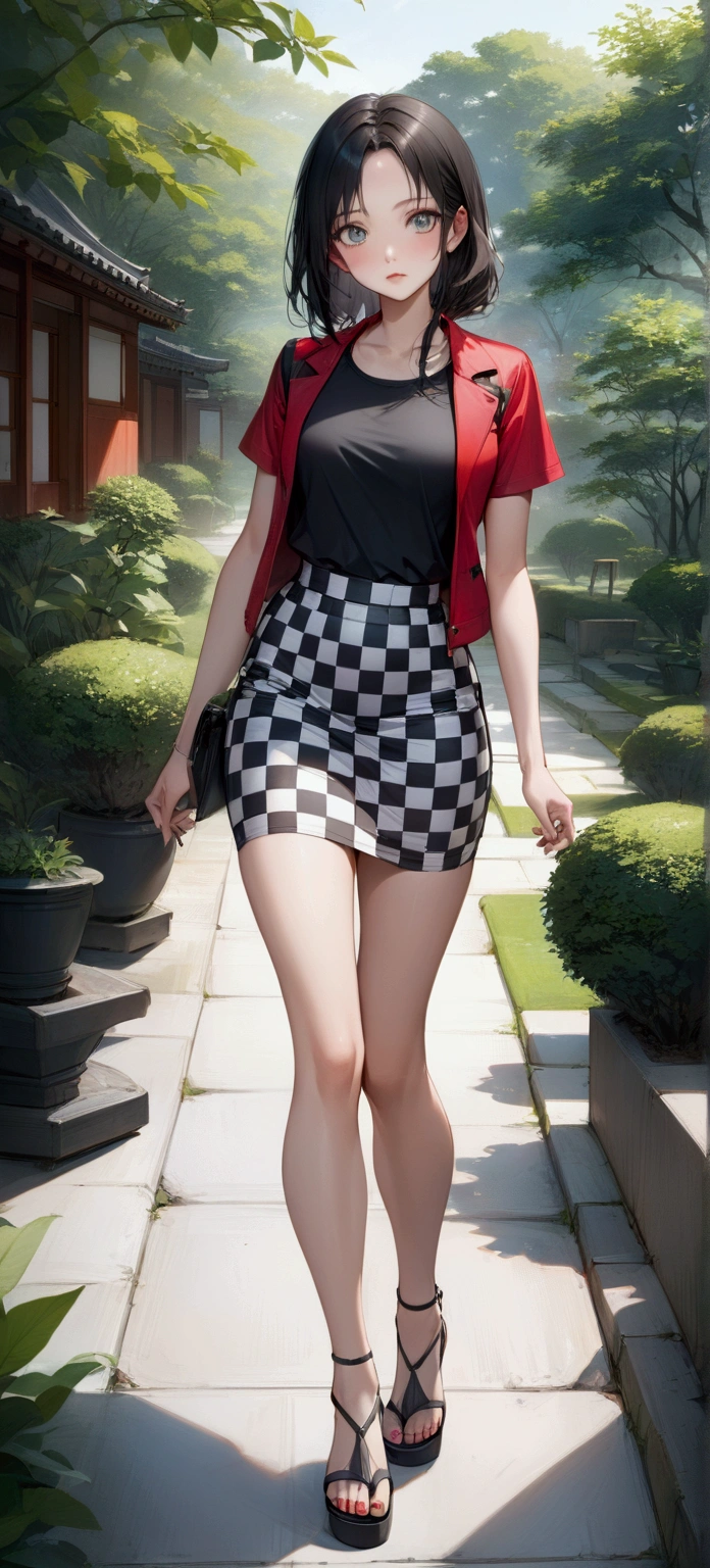 realistic anime of a beautiful Korean woman in green garden, (she has a black shoulder length hair, forehead ), (wearing red open short sleeve jacket - outer, black deep round neck t-shirt, white-black checkered pencil skirt, black heel sandals), (1girl, solo, full body), (masterpiece, best quality, expressive eyes, perfect face, japanese anime style)