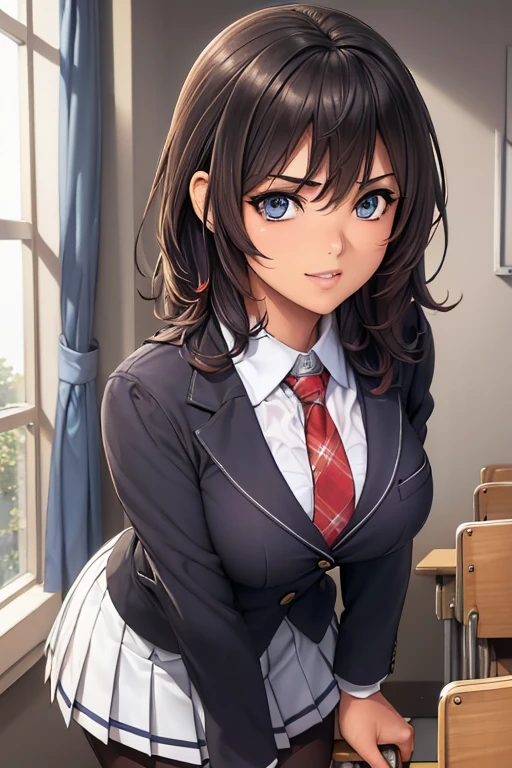 #Basics A girl is posing for a photo, animeのかわいい女の子, ((One Girl)), (((Baby Face:1.2)) + ((cute:1.3))),
break
#Clothing Accessories
((school uniform)) : ((A school blazer with a black base and white accents)) + ((A pleated skirt with a white base and red check pattern)) + (A tie with a red base and blue diagonal lines) + ((Black Pantyhose)) + (Brown Loafers),
((Red earrings)),
break
#Features
(((Sky Blue Hair)), Hair blowing in the wind, (short hair : Long Hair + Wavy Hair + Curly Hair + Thin Hair)),
((Droopy eyes:1.4, Big eyes:1.2), blue eyes), (Small breasts), (Brown skin),
break
#background environment
((noon + Sunshine + School classroom)),
#Facial Expression Pose
(smile), ((Model pose, Dynamic Pose, Stand by the window)),
#composition
((Face the camera, (Focus from the front), Cowboy Shot)),
break
#Body parts elements
(Slim figure),
(Detailed Hair, Beautiful Hair, Shiny Hair),
(double eyelid, Long eyelashes),
(Expression of fine eyes, Beautiful and delicate eyes, Sparkling eyes, Eye Reflexes, Glitter Eyeliner),
(Human Ear),
(Beautiful Nose, Thin Nose),
(Glossy Lips, Beautiful Lips, Thick lips), (Symmetrical facial features),
(Detailed skin, Textured skin, Beautiful Skin, Oily skin),
break
#Quality Image Quality Common
(((Highest quality)), ((masterpiece)), ((Very detailed))), ((Ultra-high resolution)), ((16K, 1080P)), ((FHD)),
(Anatomically correct), (Realistic), (3DCG), (oil),
#Quality image illustration
((comics, anime)), CG illustration,