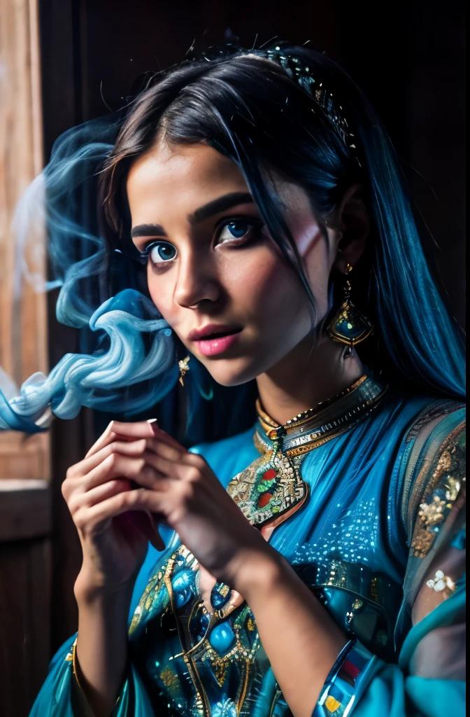 realistic, analog photo, Masterpiece, RAW photo, middle shot, photorealistic, (detailed cute face), genie, (folkloric Arabic creature), (in "Aladdin" style), (cute female, looks like Rachel Cook), short blue hair, blue skin, detailed Arabic village on background, (ghost blue smoke body), smoke particles, halo, (bioluminescent:0.95), vivid colors, vibrant color details, dynamic, Intensed eyes, sexy, pleasure, smoke splash, wishmaster, depth of field, 35mm, film grain, raw photo, isometric, extremely detailed