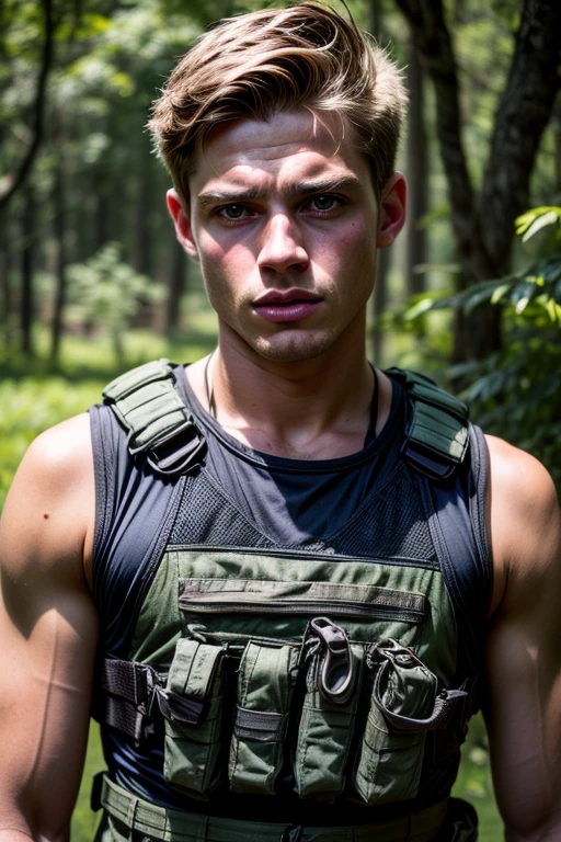 Portrait of a young military in the jungle, warman, warboy, 1boy, military pants, military vest, wearing a tank top, sportsman, slim, beautiful facial features, photography, ultra detailed, real, film grain, beautiful boy, beautiful facial features, symmetrical, film grain, male beauty, short hair, supreme, nature, artistic portrait, artistic pose, photography award, realistic, heroic}, white man