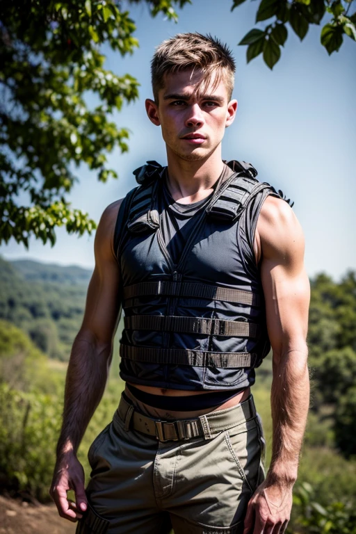 Portrait of a young military in the jungle, warman, warboy, 1boy, military pants, military vest, wearing a tank top, sportsman, slim, beautiful facial features, photography, ultra detailed, real, film grain, beautiful boy, beautiful facial features, symmetrical, film grain, male beauty, short hair, supreme, nature, artistic portrait, artistic pose, photography award, realistic, heroic}, white man