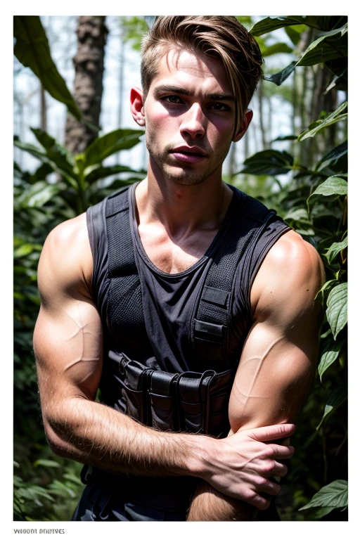 Portrait of a young military in the jungle, warman, warboy, 1boy, military pants, military vest, wearing a tank top, sportsman, slim, beautiful facial features, photography, ultra detailed, real, film grain, beautiful boy, beautiful facial features, symmetrical, film grain, male beauty, short hair, supreme, nature, artistic portrait, artistic pose, photography award, realistic, heroic}, white man