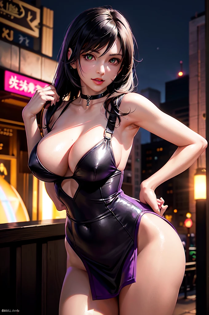 (8k, Highest quality, masterpiece:1.2), (Realistic, photo-Realistic:1.37), Very detailed, 1 girl,cute, alone, (Tifa Lockhart), (Huge breasts:1.1),(beautiful detailed eye), (smile:1.2), (Mouth closed), Sexy pose, Dancing, Outside the factory, Depth of written boundary, Dark intense shadows, Sharp focus, Depth of written boundary, Good composition, Green glowing light, Final Fantasy VII, (Purple Dress:1.3), (Black choker with ribbon) whole body, Headrest, lips, Pretty face, Long hair tied low, ((red_eye)), (night:1.3), Complex, Bokeh, Cinema Lighting, Photon Mapping, Radio City, Physically Based Rendering, (Tetsuya Nomura Style), Browsing Caution, Perfect breasts,Open your legs,Show your crotch