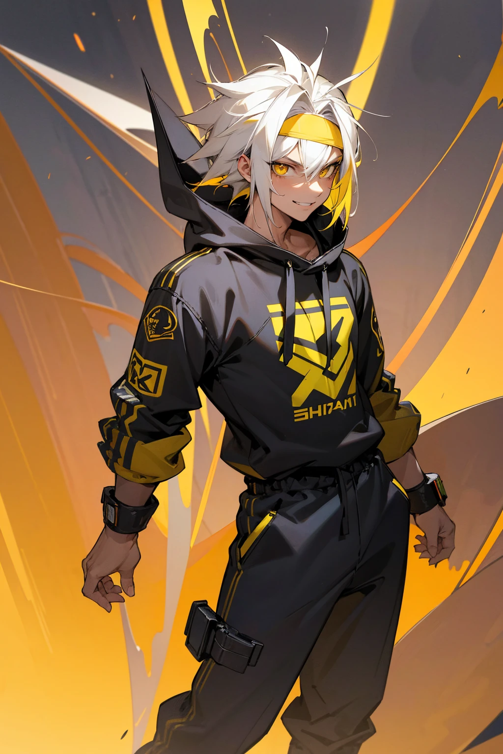 Masterpiece Quality, Perfect Generation, Sclera, Detailed Eyes, Skin, Spiky Hair, Muscular, Casual Sweats Clothing, Crazy Smile Expression, , Cool Futuristic City Background, Full Body, Tanned Skin, Two Toned Yellow And Silver Hair, Teen, , male, facing viewer, Standing , Multicolored hair, two colored hair, Headband Tilted To The Side, Yellow eyes, Multicolored yellow and silver hair