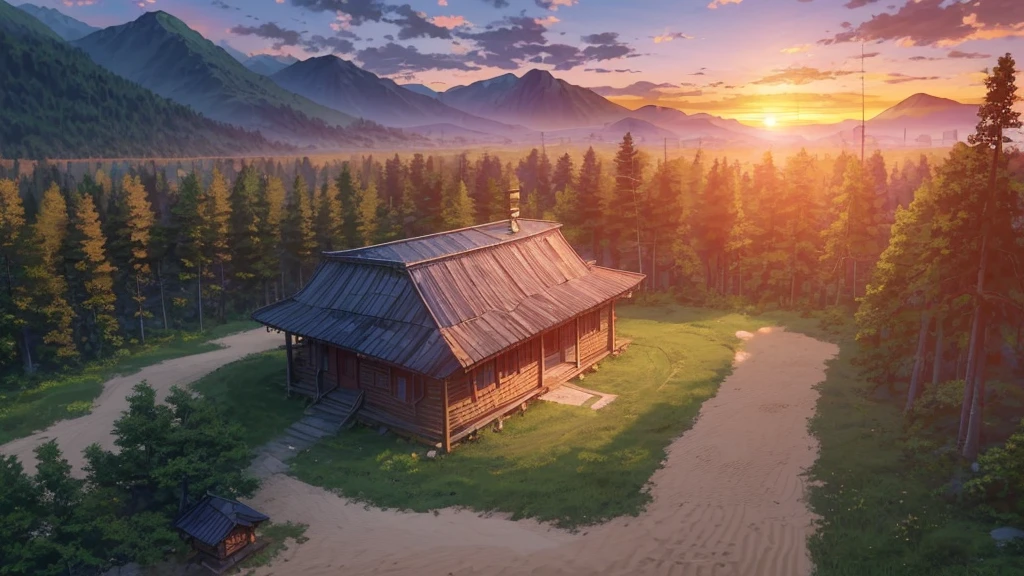 Anime Style training base in the mountains. Some more wooden cabins circled around a square sand field, a forest with huge trees on one side, open sand fields on the other. Include dirt paths, sunset