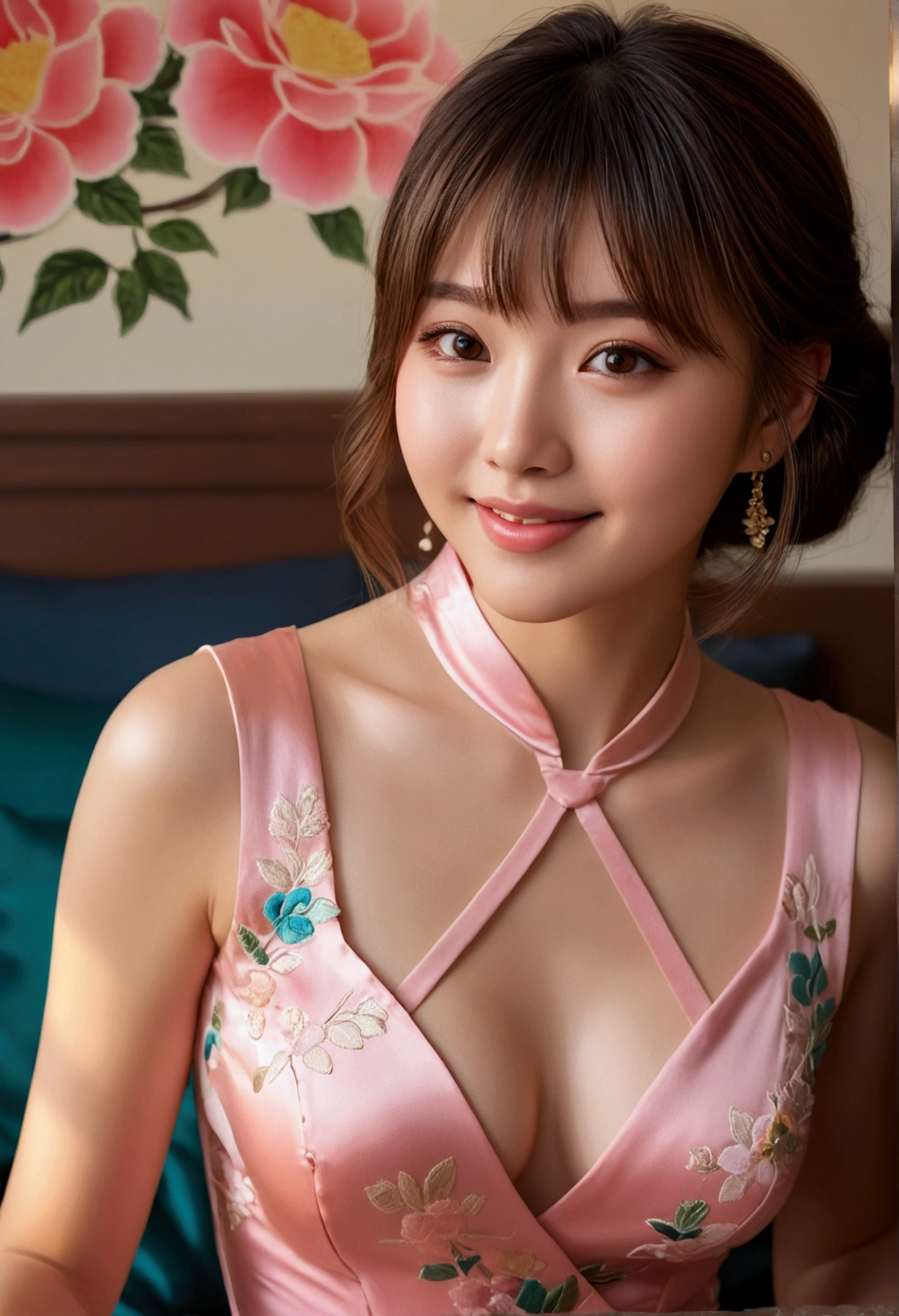 masterpiece, One woman per photo, Full Body Shot, View from the front, Young and beautiful woman in Japan, Super cute face, 18-year-old, She is wearing a short-sleeved pink silk satin cheongsam with floral embroidery., Big Breasts, Sweaty body, Glossy Lips, Attractive person, Sitting on a silk bed、Put on a big smile, Looking into the camera, Double eyelids on both eyes, Natural Makeup, Long eyelashes, Shiny and smooth light brown hair, Asymmetrical bangs, Sunburned skin, head in the frame, Center image, 8k resolution, Attention to detail, Detailed hairstyle, Detailed face, Spectacular movie lighting, Octane Rendering, Vibrant, Surreal, Perfect limbs, Perfect Anatomy