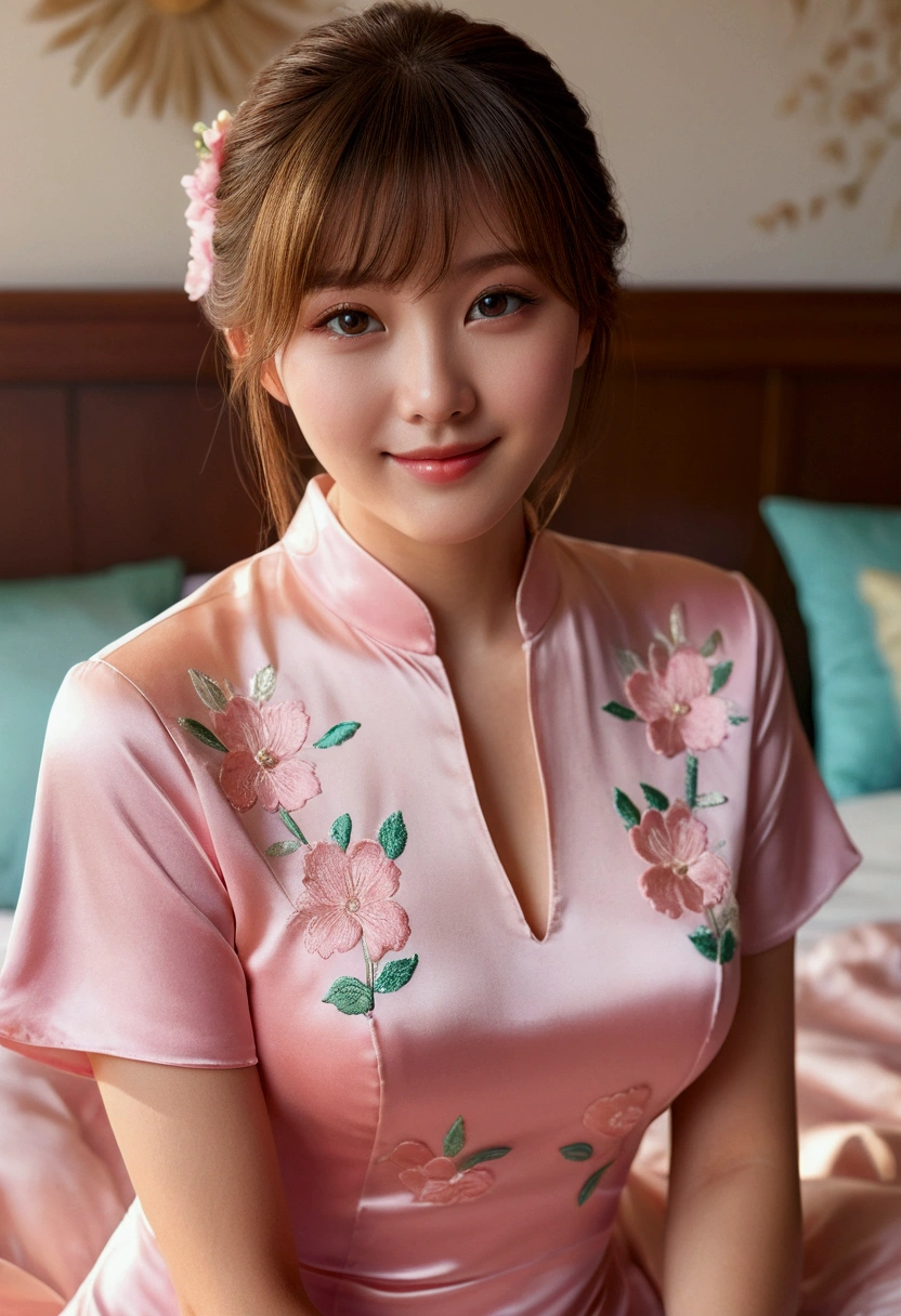masterpiece, One woman per photo, Full Body Shot, View from the front, Young and beautiful woman in Japan, Super cute face, 18-year-old, She is wearing a short-sleeved pink silk satin cheongsam with floral embroidery., Big Breasts, Sweaty body, Glossy Lips, Attractive person, Sitting on a silk bed、Put on a big smile, Looking into the camera, Double eyelids on both eyes, Natural Makeup, Long eyelashes, Shiny and smooth light brown hair, Asymmetrical bangs, Sunburned skin, head in the frame, Center image, 8k resolution, Attention to detail, Detailed hairstyle, Detailed face, Spectacular movie lighting, Octane Rendering, Vibrant, Surreal, Perfect limbs, Perfect Anatomy