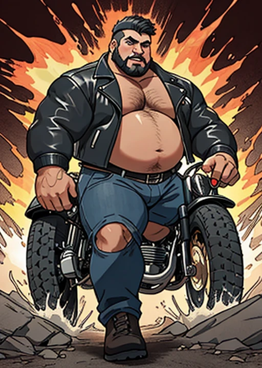 Just plump, chubby, extremely thick thighs, large belly, fat, long beard, huge long beard, full body tattoos full body photography full body image, They don't wear clothes, firing , naturists, just unbuttoned black leather biker jacket, Welcome to the world of Harley Bikers, where the culture of choppers and easy riders come together in a brotherhood of men who find their passion for motorcycles a form of freedom and personal expression