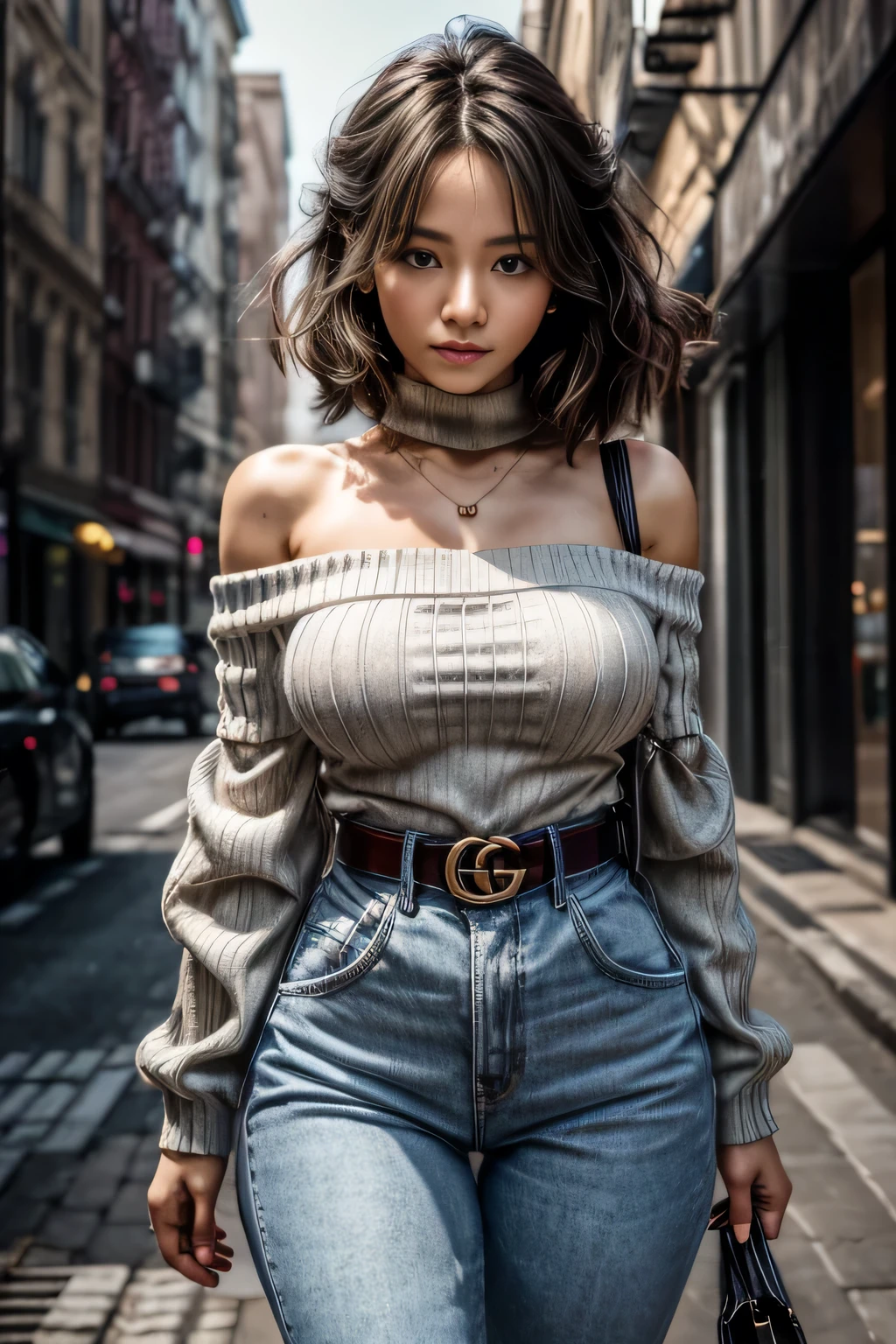 realisitic, best qualityer, 8k hd, dslr, soft lighting, high qualiy, film grain, Fujifilm XT3,
Korean K-pop idol, gucci, casual clothes, off-shoulder sweater, sweater, ribbed pants, sweatshirt, BALENCIAGA, adidas,
1 girl, detailedeyes, gradient eyes, beautiful face, large breasted, Scrawny, Waist slender, citys, accentuated chest, Big pelvic, wide hip, narrow waisted, curved belt, suprised, glad, shocked face