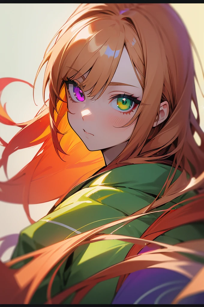 ((best quality)), ((masterpiece)), (detailed), perfect face, tradional kimono, two toned colored hair, long hair, red hair and light blonde hair, hair behind ear, multicolored eyes, heterochromia, green eye and violet eye, anime, anime, anime style, 8k, super detail