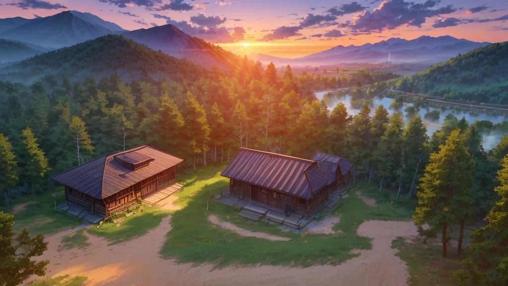 Anime Style training base in the mountains. a lot wooden cabins circled around a square sand field, a forest with gigantic trees on one side, open sand fields on the other. Include dirt paths, sunset