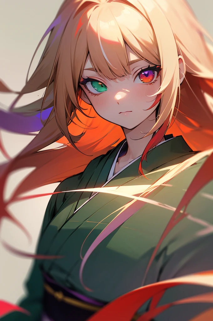 ((best quality)), ((masterpiece)), (detailed), perfect face, tradional kimono, split two toned colored hair, long hair, red hair and light blonde hair, hair behind ear, multicolored eyes, heterochromia, green eye and violet eye, anime, anime, anime style, 8k, super detail