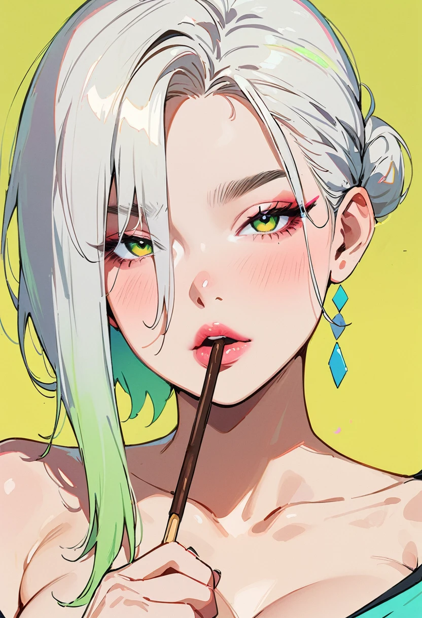 (masterpiece, best quality:1.4), 1 girl, 独奏, Anime style, Gray pupil, Blurred eyes, Holding pocky, Pink lower lip, Cyberpunk style makeup, Short silver asymmetrical hair, Asymmetrical short hairstyle, Long bangs on one side, Color highlights, Huge breasts, Black off-the-shoulder evening dress, Yellow-green background.