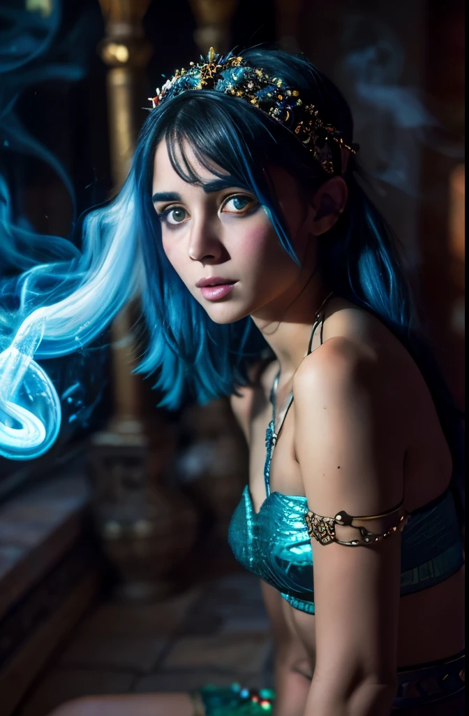 realistic, analog photo, Masterpiece, RAW photo, middle shot, photorealistic, (detailed cute face), genie, (folkloric Arabic creature), (in "Aladdin" style), (cute female, looks like Rachel Cook), short blue hair, blue skin, detailed Arabic village on background, (ghost blue smoke body), smoke particles, halo, (bioluminescent:0.95), vivid colors, vibrant color details, dynamic, Intensed eyes, sexy, pleasure, smoke splash, wishmaster, depth of field, 35mm, film grain, raw photo, isometric, extremely detailed